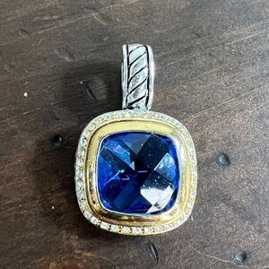 Blue Crystal Cushion Pendant  - Silver & Gold Accent